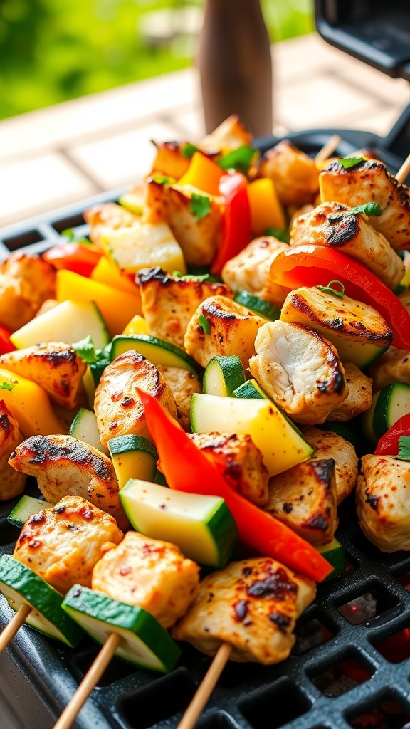 Grilled chicken and vegetable skewers on a platter, featuring colorful bell peppers and zucchini.